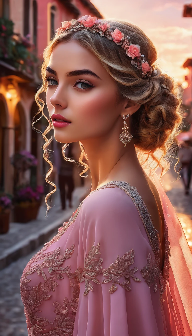 A stunning woman, beautiful detailed eyes, beautiful detailed lips, extremely detailed eyes and face, long eyelashes, beautiful young woman, tiara on curly and tied blonde hair, dressed in a long chiffon dress with coral floral print, double neckline, at dusk, illuminated street of an Italian city, people and cars, photorealistic, 8k, highly detailed, (((dynamic pose fashion))), sketch color, photo studio type, masterpiece, cinematic lighting, dramatic lighting, pink tones, vibrant colors, fantasy art.