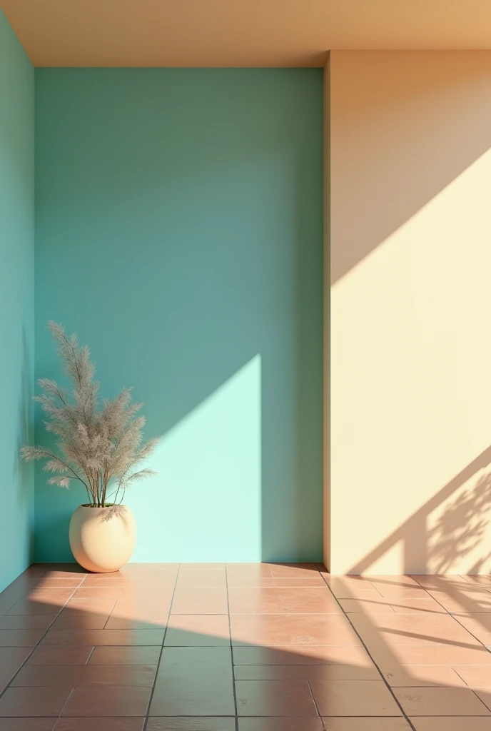 Can you make me a picture of a room with sand-colored walls and turquoise blue on the other side and a chocolate-colored tile floor?