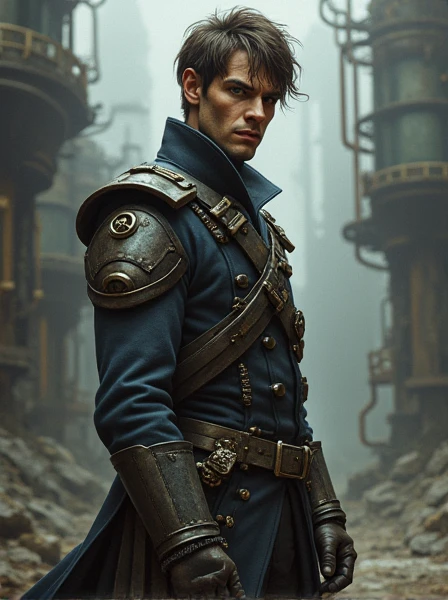 Rough Napoleonic Veteran. Dark Brown hair. messy haircut. blue eyes. Fancy but dirty Uniform. Cybernetics. Dieselpunk. Dark Sci-fi. Warhammer 40k. Gothic aesthetics. baroque Oil painting