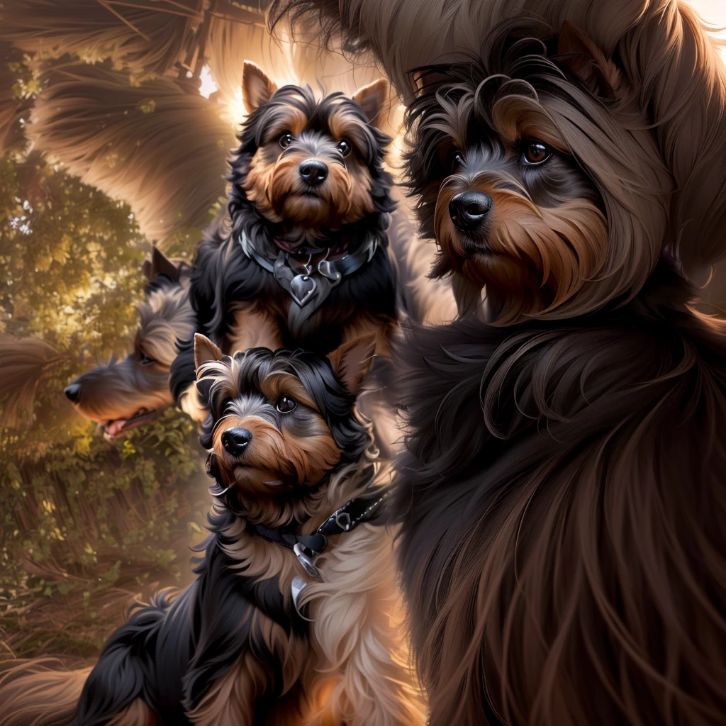 there are Deux chiens that are sitting on the back of a car, Deux chiens, détourner le regard de la caméra, détourner le regard de la caméra, regardant sur le côté, regardant de côté, regardant au loin, regardant au loin, photo prise de derrière, image de très très mauvaise qualité, Yorkshire Terrier, regarder de côté, regardant de côté