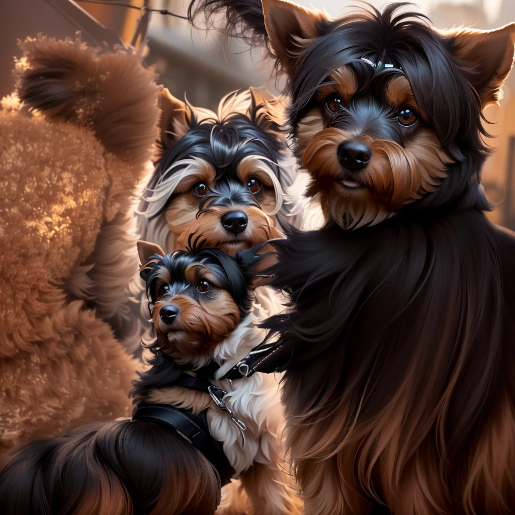 there are Deux chiens that are sitting on the back of a car, Deux chiens, détourner le regard de la caméra, détourner le regard de la caméra, regardant sur le côté, regardant de côté, regardant au loin, regardant au loin, photo prise de derrière, image de très très mauvaise qualité, Yorkshire Terrier, regarder de côté, regardant de côté