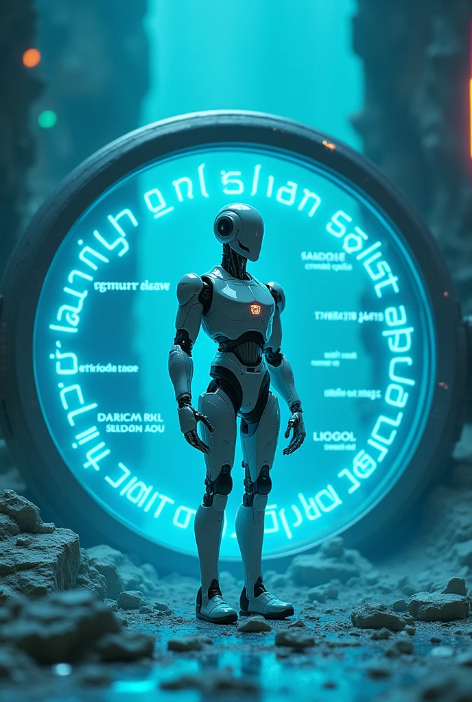 round photo written computer and I.a, written in the direction of, with a robot, the main colors blue and silver