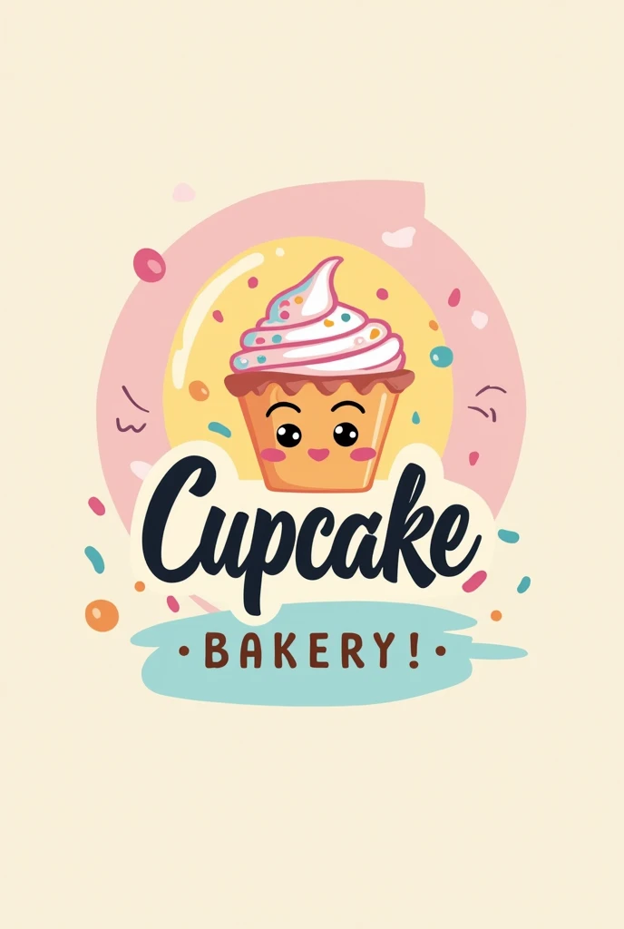 : Create a logo for a bakery specializing in cupcakes. The logo should be cheerful and inviting, using vibrant colors like pink, yellow and light blue, that refer to sweetness and fun. At the center, there must be a stylized cupcake, with generous frosting and colorful sprinkles. The cupcake image can have a playful touch, like eyes and a smile to give an air of friendliness and approachability. The name of the bakery should be present in a fun and modern font., with soft, rounded lines, reforçando o tema de cupcakes. Additional Detail, like little swirls of cream or sprinkles, can be used to complement the design. The logo must be easy to recognize and memorable., reflecting the bakery&#39;s specialty in creating delicious and visually appealing cupcakes.