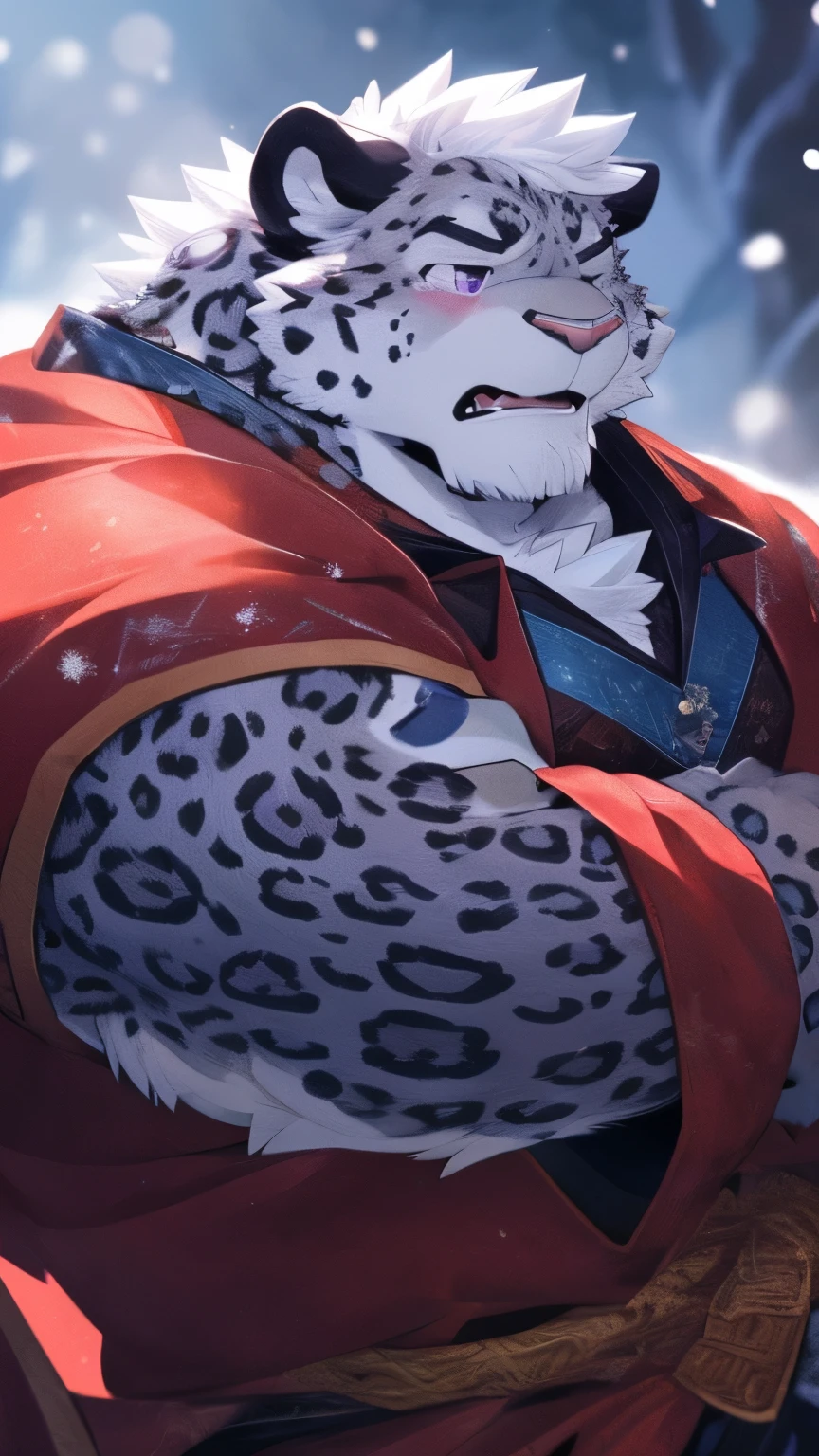 human nature, wild animals, male, 28 years old,youth,solitary, ((Round Face, The face is plump, Purple Eyes, Thick white hair,Scars)), ((Endomorph, Handsome,Hot Blood)), (Mecha suit,no electricity,exhausted), ((domestic snow leopard, Snow leopard orcs) Fluffy fur, Fluffy, grayish purple spots), (snow leopard print), Bokeh, (high quality, high resolution, masterpiece), (Dynamic Lighting, Vibrant colors), (Cry,Many tears,blush), Detailed teeth, Exquisite eyes,Full body pictures (Vision), cartoon, author:Takemoto Arashi, From Zixiong, author:Chunni, author:Ethereal,(background:Rainforest)
