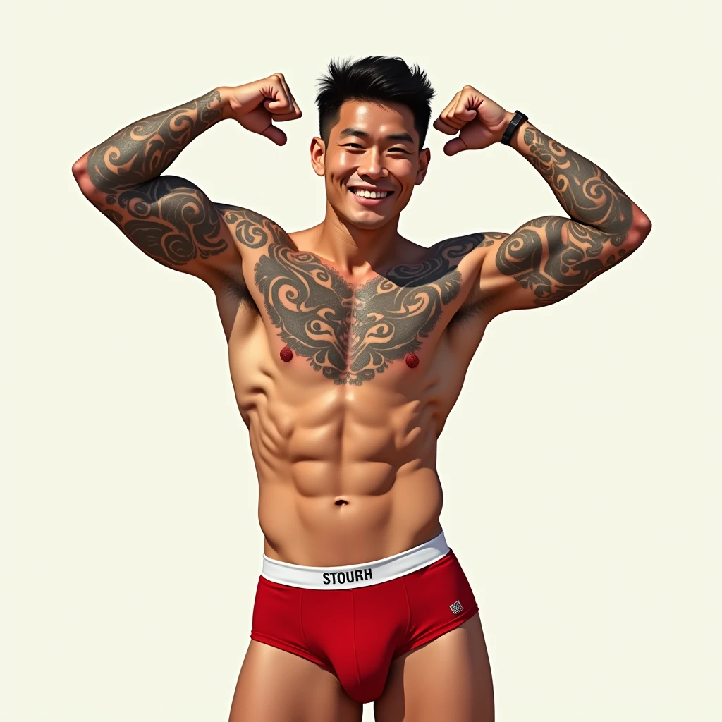 Draw me a handsome, mature Asian man with tattoos covering his chest and shoulders wearing red underwear with white lining showing his big dick. A picture of him raising his arms to show his hairy armpits.