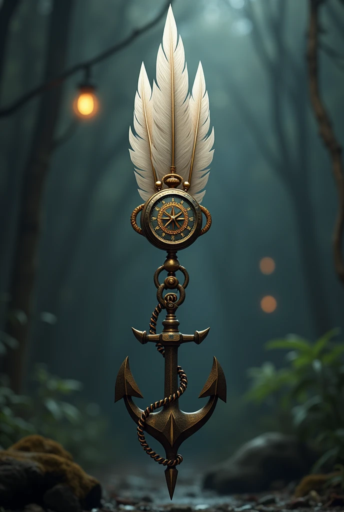 An arrow with feathers and the body of which is made up of a pocket watch, a compass rose and the anchor is the tip