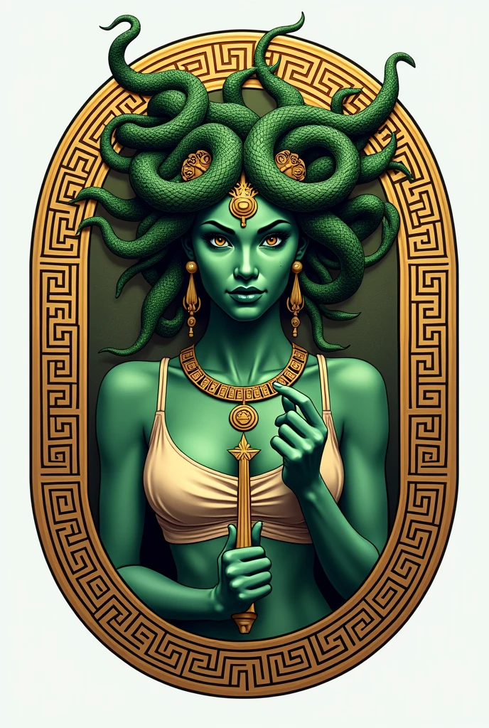 Physiotherapy logo of the Greek character Medusa from head to waist,wearing a greek outfit,with snake head with snake face,green skin color,holding a golden ray in his hand,a golden border and the word Gorgons written around the character 