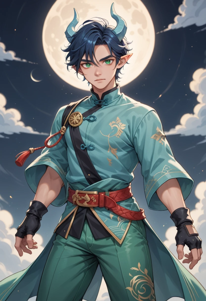 Young man, In his Moon form, he has dark blue hair., light blue horns, pointed ears, chinese old white and green shirt without top, black fingerless glove with green belt and gold clasp, dark green pants, the light green-blue robe, large red belt with print and clasp and dark blue boots. with Chinese attributes on clothes