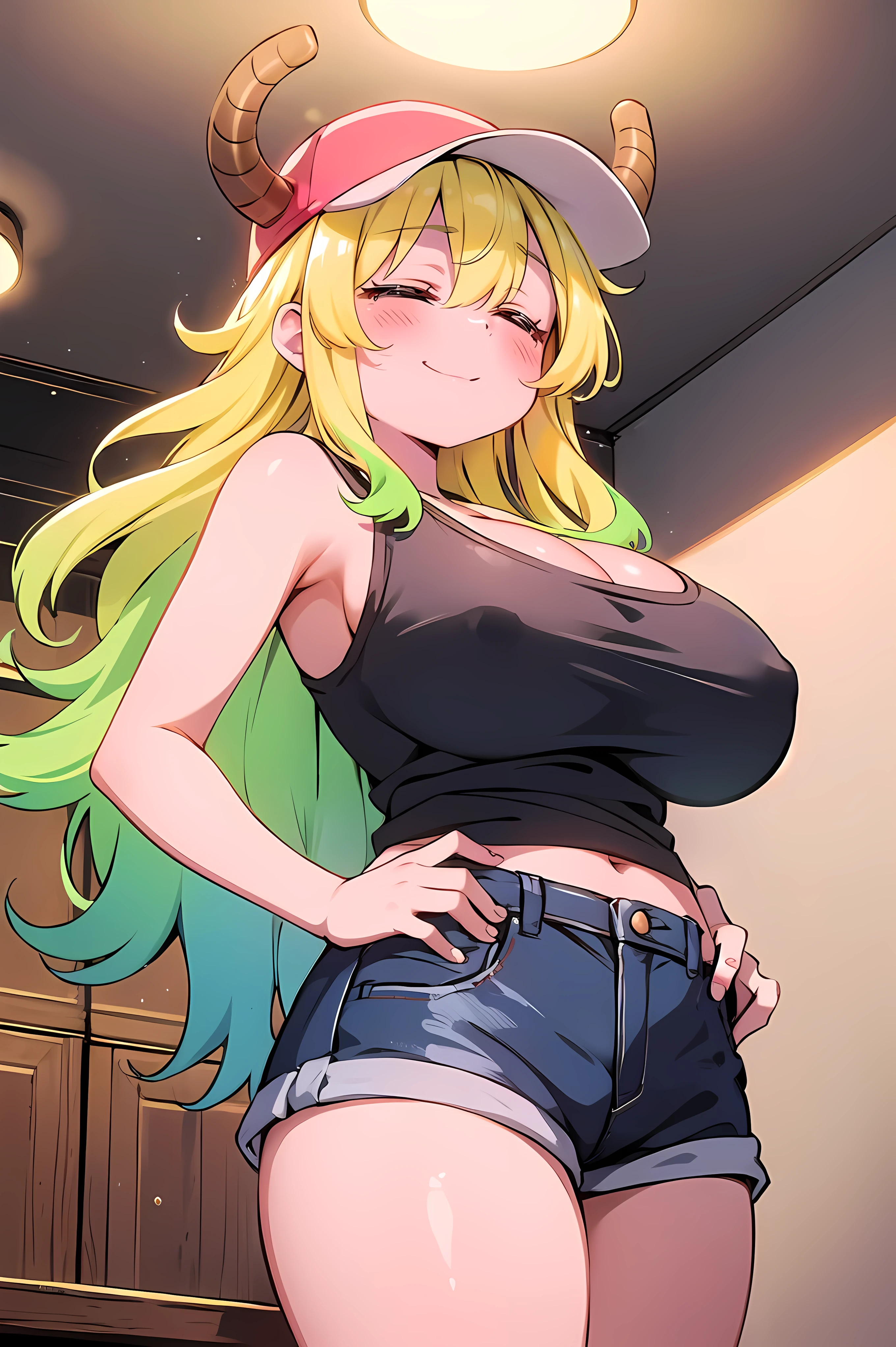 masterpiece, perfect lighting, (beautiful, best quality:1.3), perfect eyes, absurdres, 8k,
1girl, solo, (absurdres), finely detail, smile,
lucoa_quetzalcoatl, multicolored hair, closed eyes,
dragon horns, dragon girl, large breasts, multicolored hair, blonde hair,
hat, cleavage, cowboy shot,
short shorts, tank top, denim, baseball cap, from below, white panties,