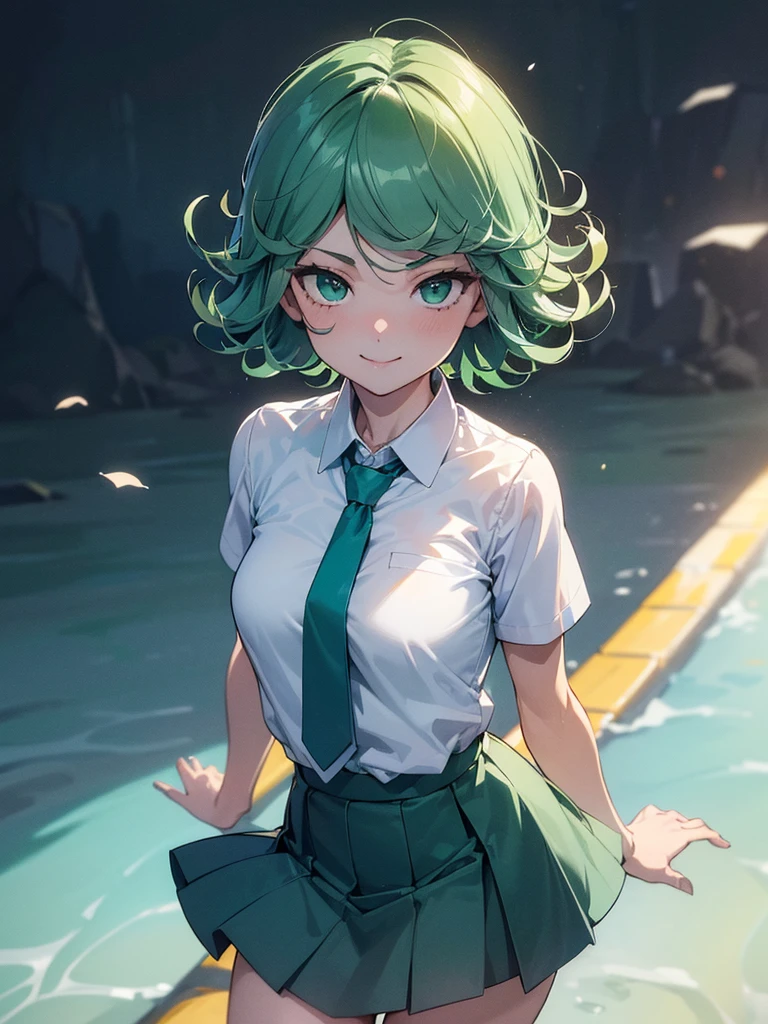(high res, 8K, masterpiece, looking at viewer, best quality, very aesthetic, ultra detailed, ultra background, ultra Eyes) intricate details, 1girl, Tatsumaki, short sleeved white shirt, Light Blue short skirt, Pockets on the left chest, light blue tie, green short hair, green eyes, Smile Face, Background Zoo, Cinematic Angle