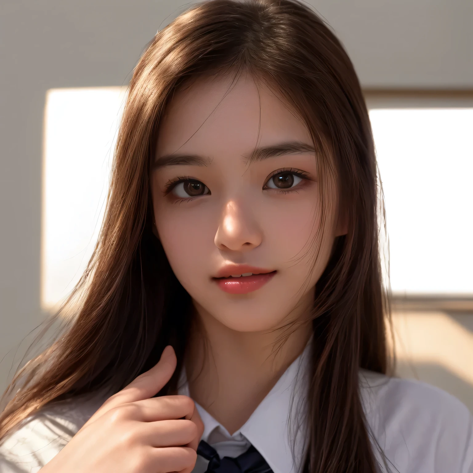 Highest quality, Face Focus, Soft Light, Ultra-high resolution, (Realistic:1.4), RAW Photos, One of the Japan,
 alone, cute, (pupil, light in your eyes), Beautiful face in every detail, (Small Box),(High resolution detail of human skin texture),
 (Medium-long hair),In the classroom , Wearing a high school uniform, (Portraiture),smile,Upper body from the waist up
