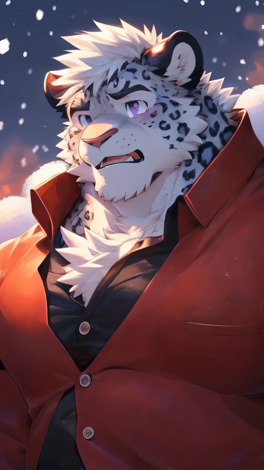 human nature, wild animals, male, 28 years old，youth，solitary, ((Round Face, The face is plump, Purple Eyes, Thick white hair，Scars)), ((Endomorph, Handsome，Hot Blood)), （Mecha suit，no electricity，exhausted), ((domestic snow leopard, Snow leopard orcs) Fluffy fur, Fluffy, grayish purple spots), (snow leopard print), Bokeh, (high quality, high resolution, masterpiece), (Dynamic Lighting, Vibrant colors), (Cry，Many tears，blush), Detailed teeth, Exquisite eyes，Full body pictures (Vision), cartoon, author：Takemoto Arashi, From Zixiong, author：Chunni, author：Ethereal，（background：Rainforest）