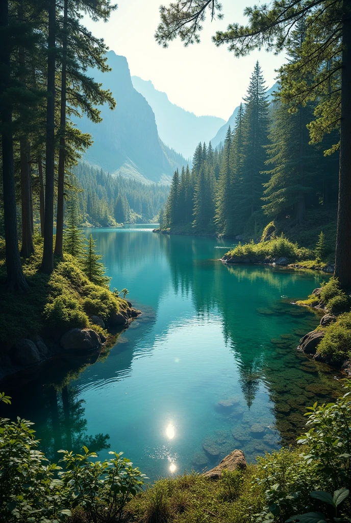 A huge beautiful crystal lake surrounded by dense dark green forest