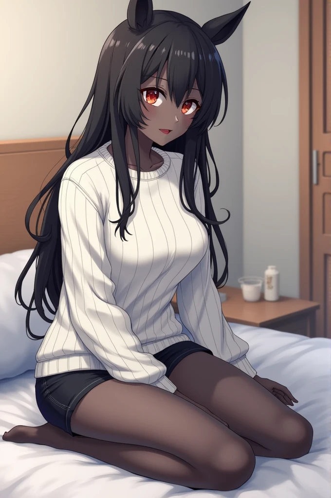 Anime style, thicc, dark gray skin, bodystocking, white sweater, short skirt, sitting on bed