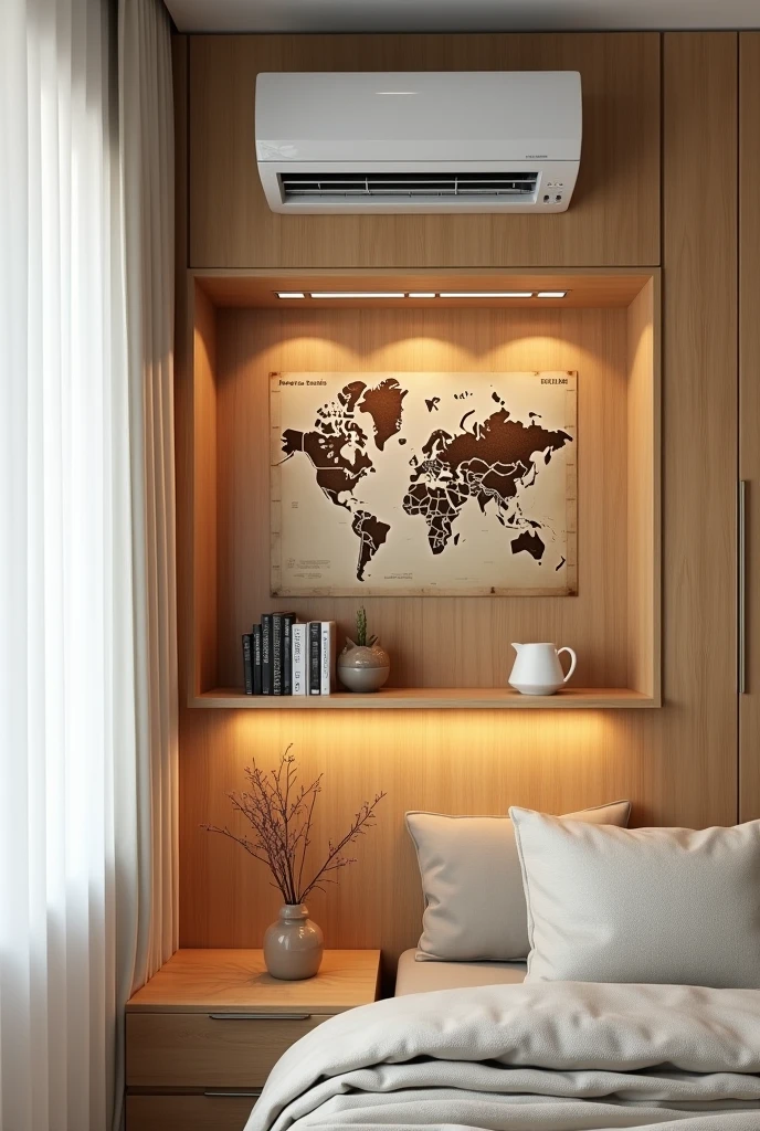  Create a small wall next to a window with white curtains. The wall is covered with MDF blond freijó, on top an air conditioner, in the middle a world map and below the world map 3 shelves with lighting. 