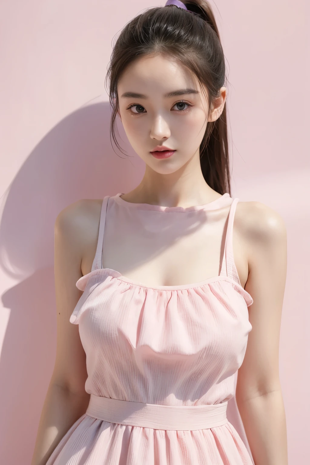 See-through tops、巨乳、キャミソール、くびれ、腹筋、さらさらな髪の毛、(背景にwhite wall、Part of her hair is Baby Pink:1.4)、white wall、Taken in front of the white door、(窓のあるwhite wallの部屋)、((highest quality、8K、masterpiece:1.3))、ultra high resolution、(photorealistic:1.4)、raw photos、Japanese,(details face)、real、Shot in natural light、Highly detailed face and skin texture、highly detailed lips、correct state of the human body、medium hair、black hair、various poses、natural color lip