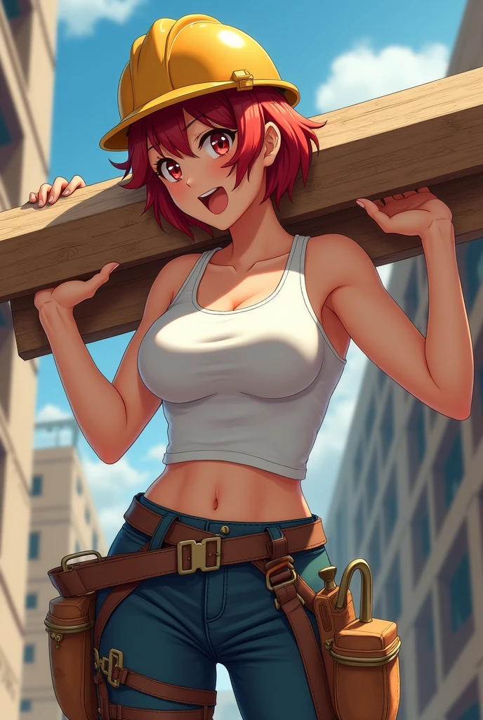 One Woman,carpenter,Carrying a load of wood on his right shoulder,White tank top,Big Breasts,H Cup,Work wear trousers,Red hair,Short Hair,Helmet,Slanted Eyes,My left hand feels hot,Mouth open,Construction site,high quality,anime,