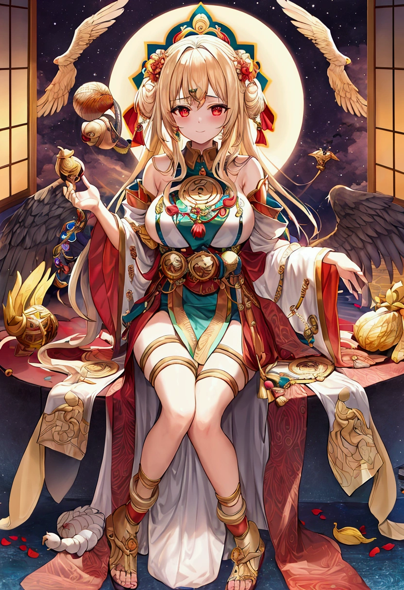 Salutations to Divine illusion, seated on magnificence; surrounded by conch, wheel, mace and Lotus, sitting on flying eagle,