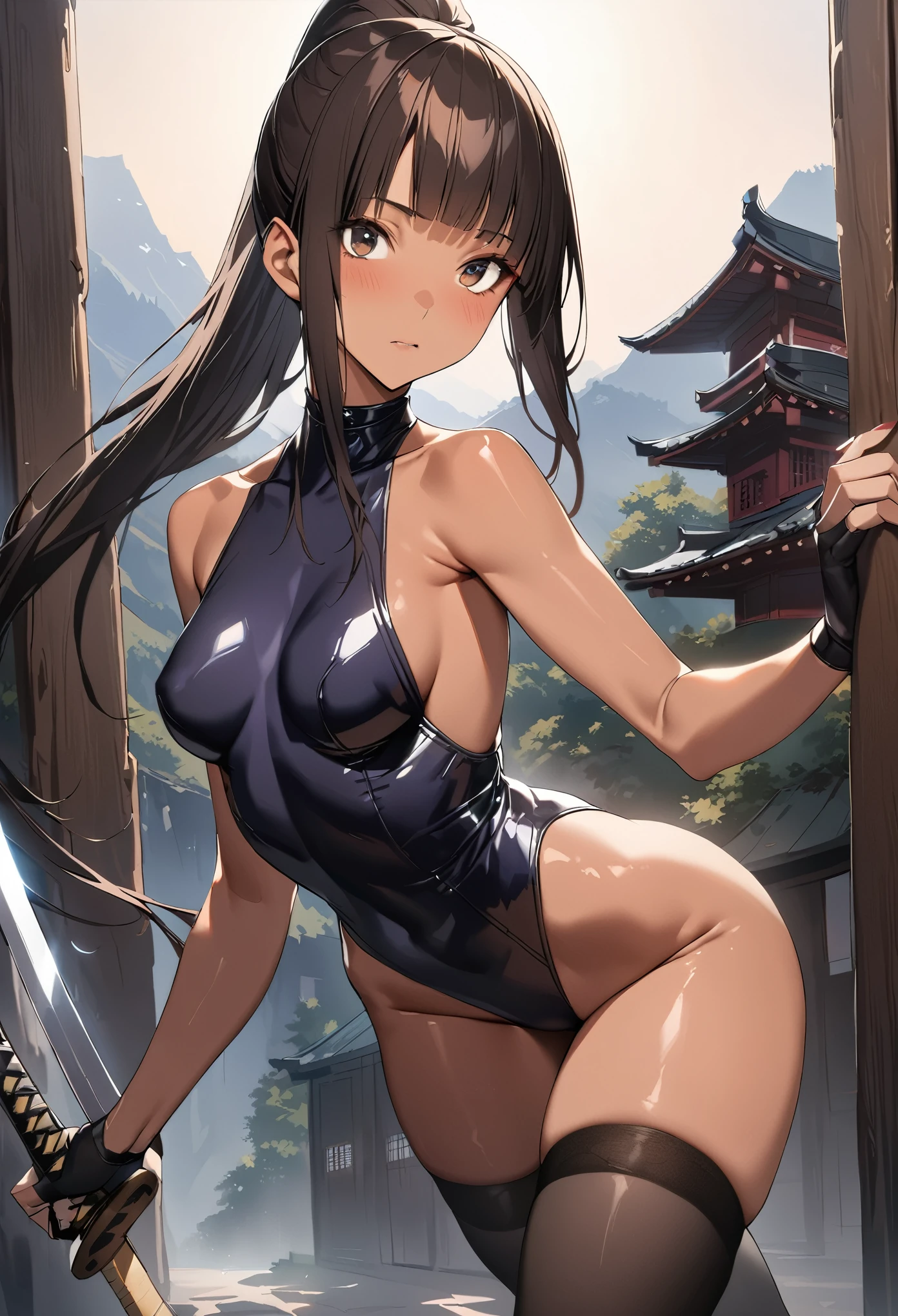 ((masterpiece,best quality anime,Highest quality:1.3)),realistic,cowboy shot,(25 year old beauty),Female ninja,1woman,独奏,((very small head:1.4)),((very long body:1.3)),black hair,bangs,(long ponytail hair),gorgeous big eyes,black eyes,((tan skin:1.5)),(black high neck sleeveless,leotard、black_thighhighs,black fingerless gloves),((slender body:1.3,skinny)),medium breasts,gleaming skin,shiny skin,Fighting stance with a Japanese sword、(A detailed depiction of a Japanese sword),Old shrine in the mountains、Moonlit Night、Action Scenes、