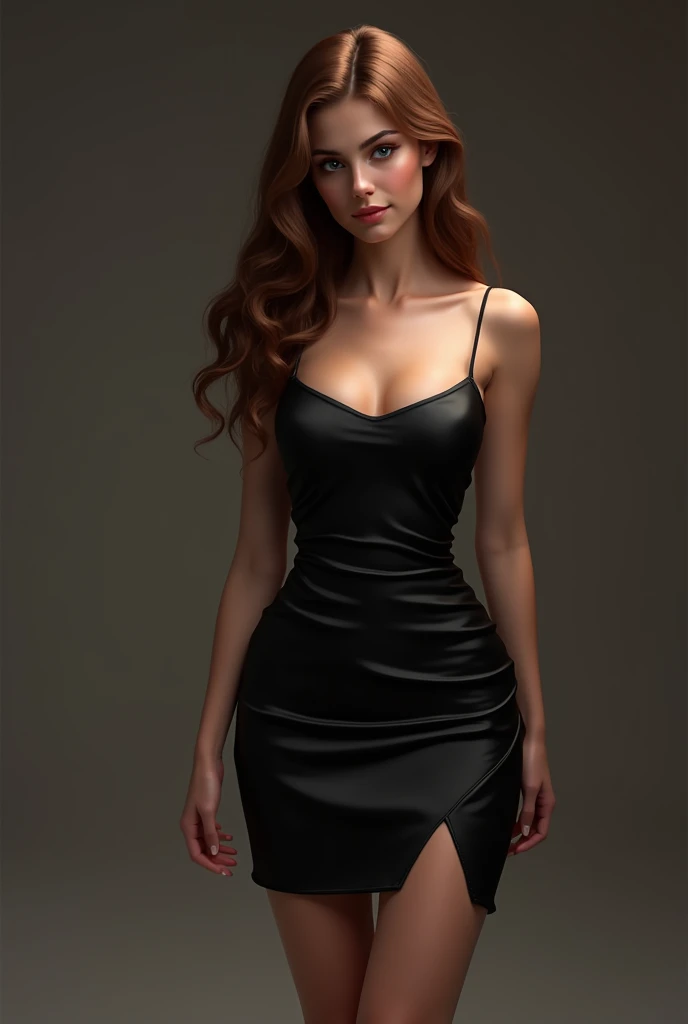Rachel's night dress is a sleek, black satin mini dress with a daringly low neckline and thin spaghetti straps. The fabric hugs her curves, and the hemline falls just below mid-thigh, showing off her legs. A subtle, high slit on one side adds an extra touch of allure, making the dress both seductive and elegant.