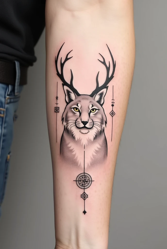 Could you create a sketch of a tattoo with just lines for the forearm of a lynx with small deer antlers??, also with Nordic symbols