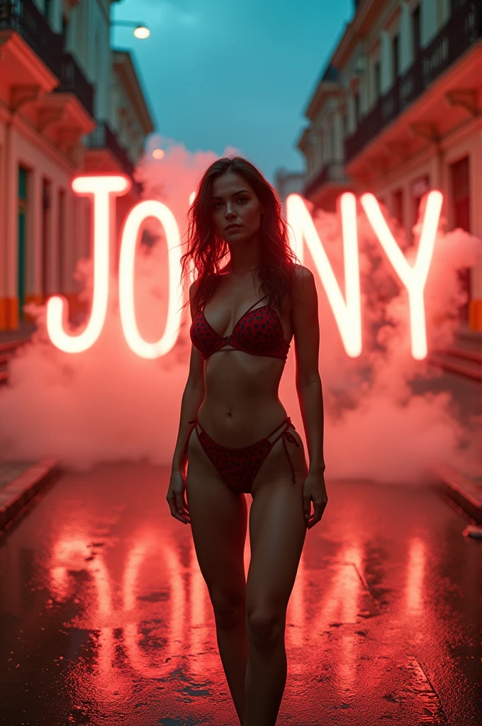 The word JOHNNY, written with intense light in the background, in the foreground a beautiful woman with sexy fitness with daring clothes and big breasts, with short and sexy clothes on a raining street in Havana and an explosion of smoke and lights, all of this with a hyper-realistic style and in 8k and clear lighting with great attention to details