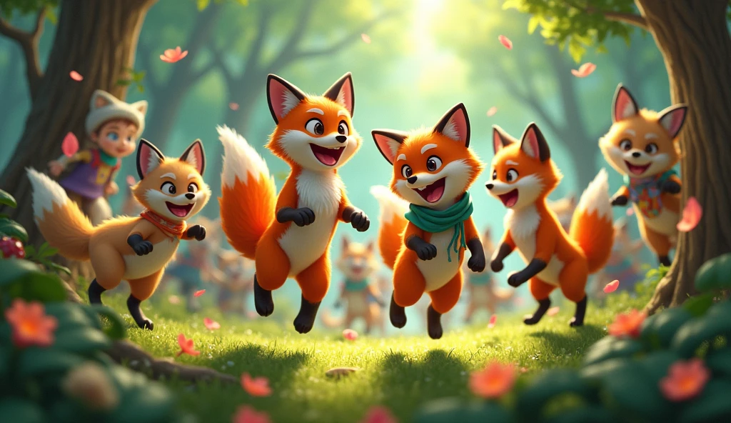FOXES AND WOLVES IN THE FOREST HAPPY WILD PEOPLE JUMPING IN PARTY