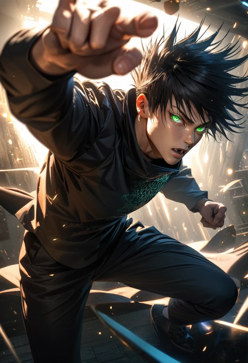 Ultra detailed, Highres, absurdres, HDR, master piece, Fushiguro Megumi, black hair, expressive green eyes, Jujutsu Kaisen, black long coat with patterns, extremely handsome, sexy man, solo, extremely detailed eyes and face, black tight t-shirt, realistic face, glittering, glittering eyes, action pose, fighting,, perfect lighting, soft lighting, rendered, pet wolf shadow