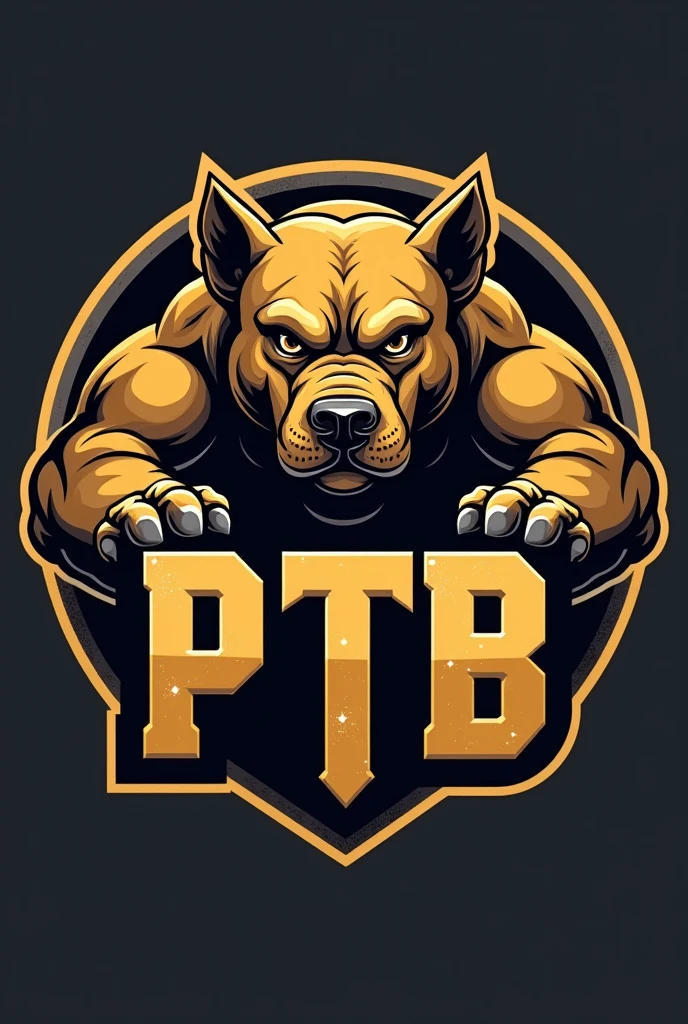 I want a football logo for my team with the color gold and a pitbull in the front and with the name PTB in a round block logo