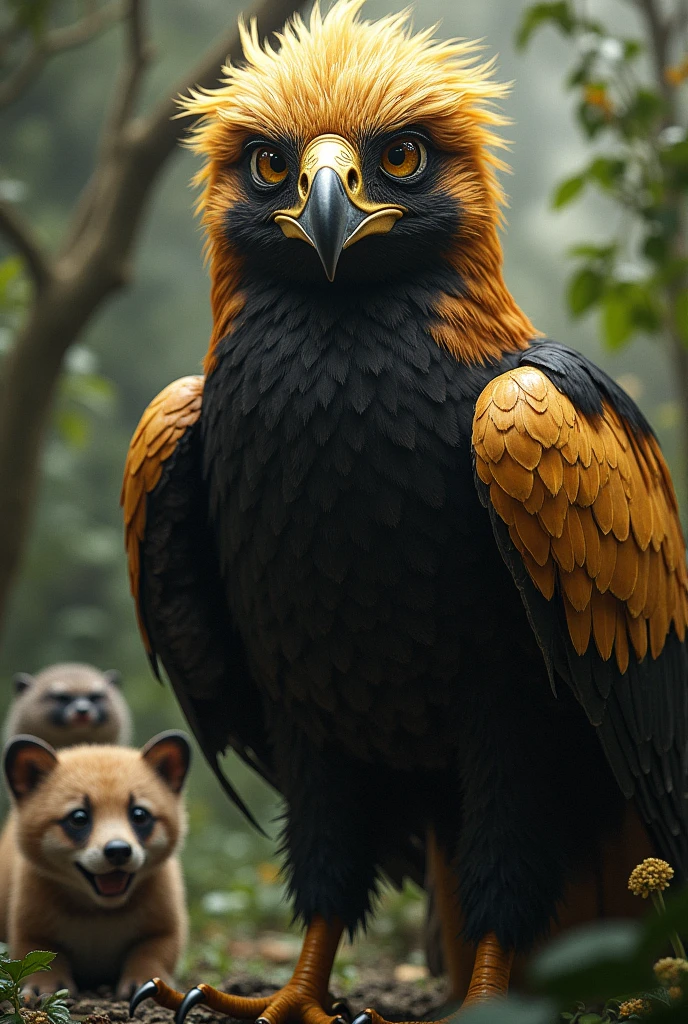 Brazilian caracara bird of prey with very colossal and large gold details, with a winning smile and in the background the anteater animals, jaguar and maned wolf small and crying

