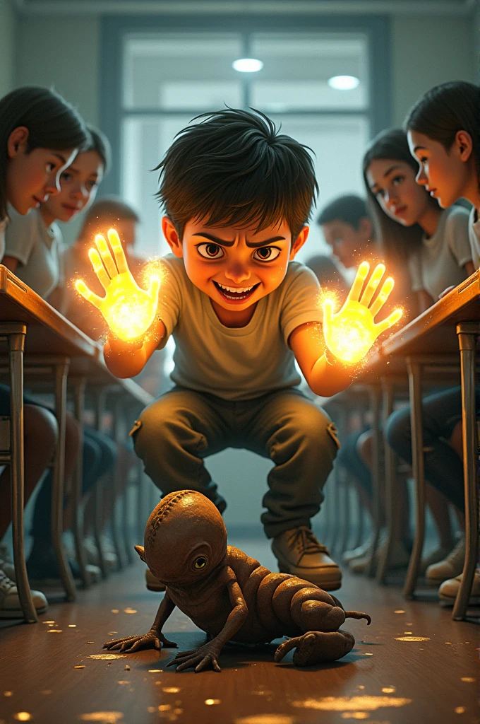 Visualize a scene where a boy is seated in a classroom surrounded by several girls. The boy has glowing, magical energy radiating from both his hands. His face shows stress, with his mouth slightly open as if in tension. Under his foot, he is holding down an alien, as if restraining it. The atmosphere blends fantasy and a tense situation with curious onlookers."