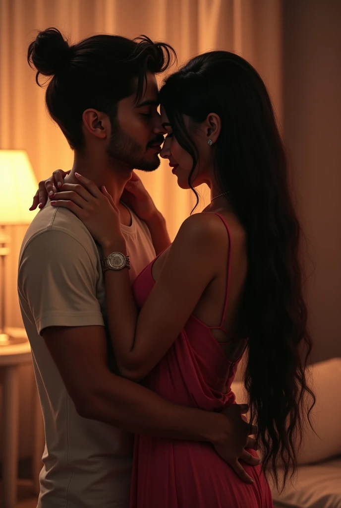 Create a image of a 25 year old indian girl in a room long black silky hair in high thick bun style of girl hair year old boyfriend kissing her neck from back