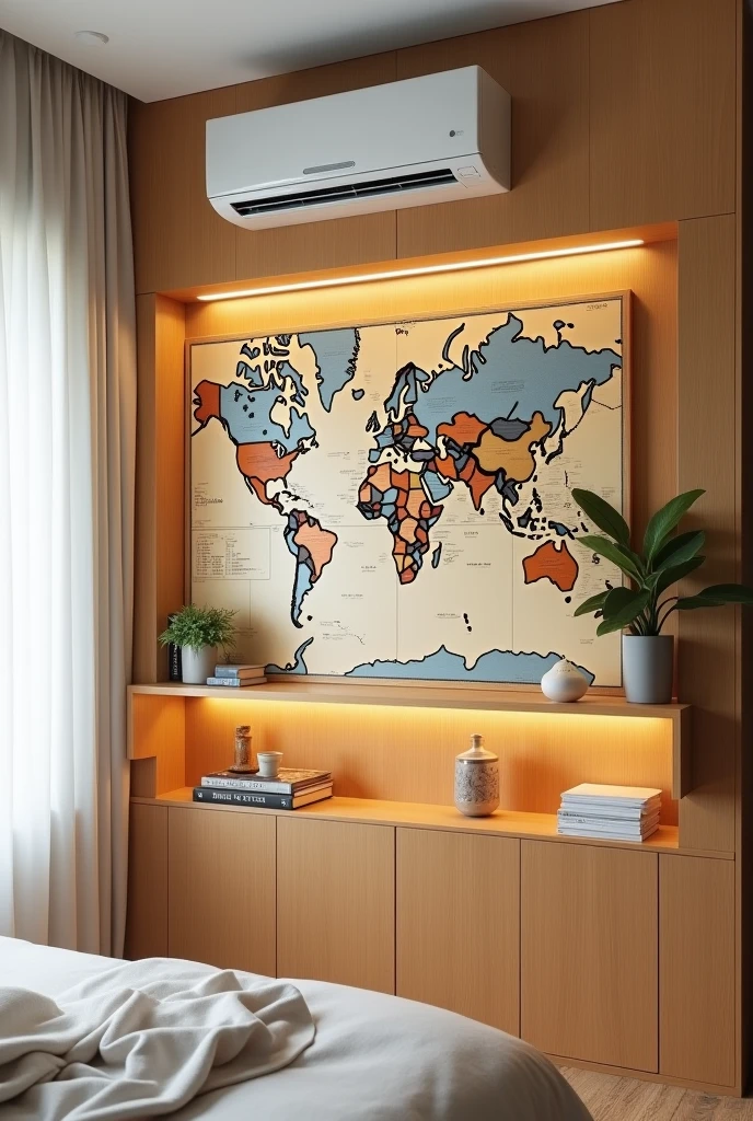 Create a small wall next to a window with white curtains. The wall is covered with MDF blond freijó, on top an air conditioner, in the middle a world map and below the world map 3 shelves with lighting.
