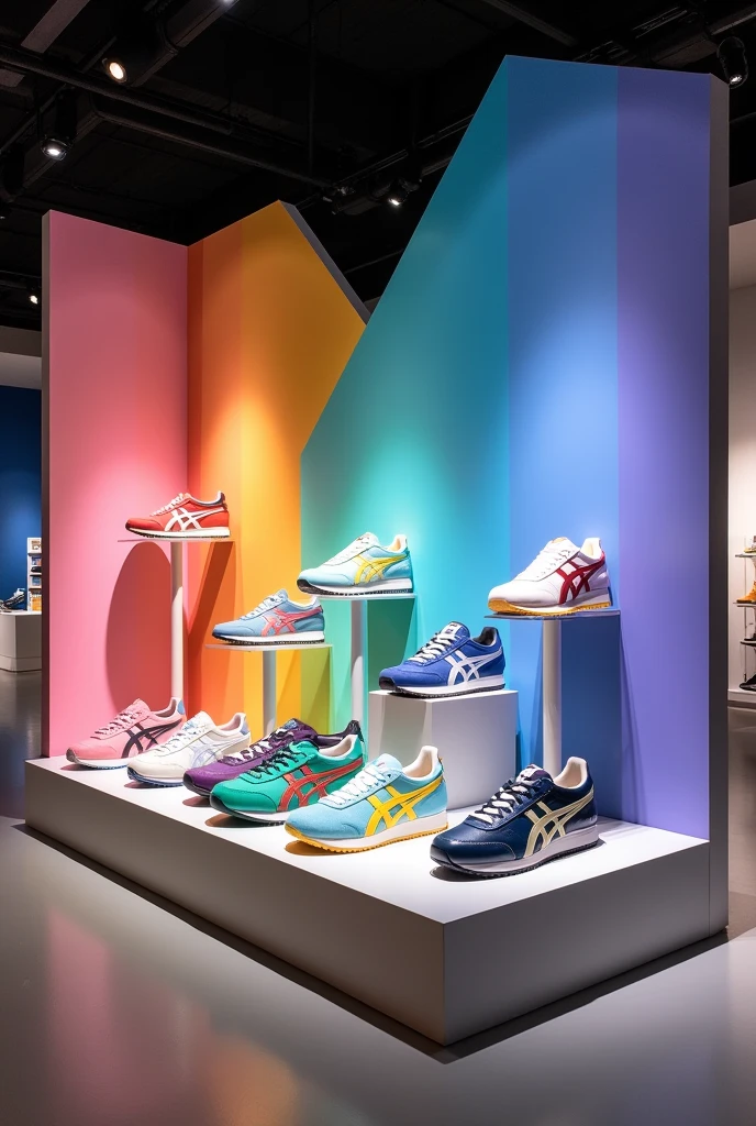 Create a freestanding shoes display for Onitsuka tiger shoes with their signature hue colors 