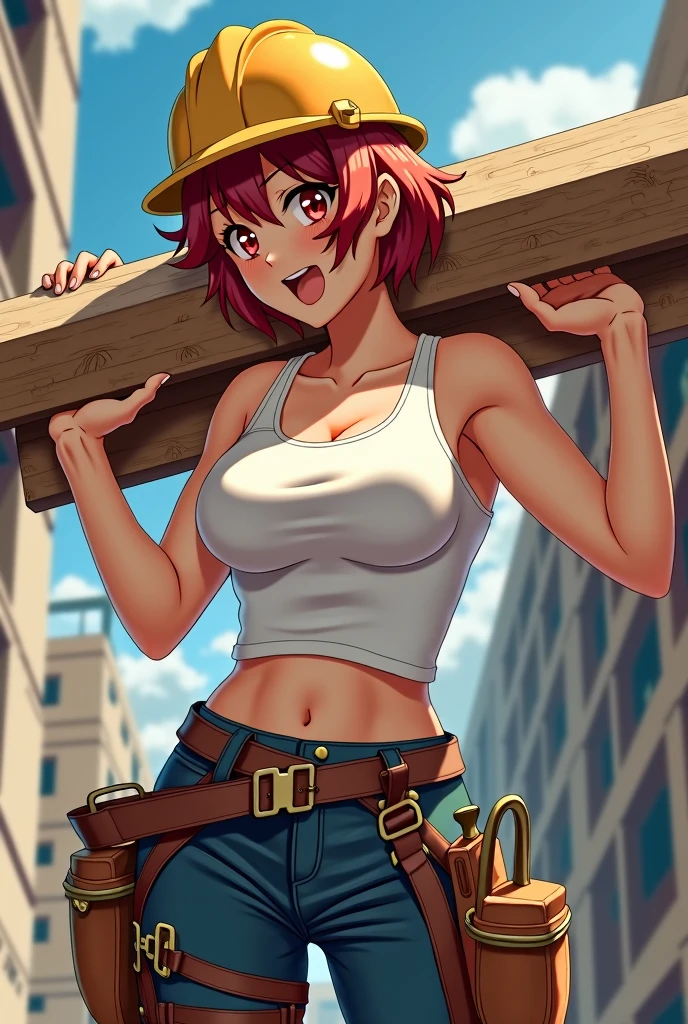 high quality, masterpiece, nude woman in construction helmet, yellow construction helmet, nude, no clothes, dirty skin, against construction site, smile, accurate face, beautiful face, beautiful body, beautiful firm breasts, accurate ???????, model pose, dark hair, black skin, dark complexion, sweaty, wet skin, (blonde hair), blue eyes, long hair
