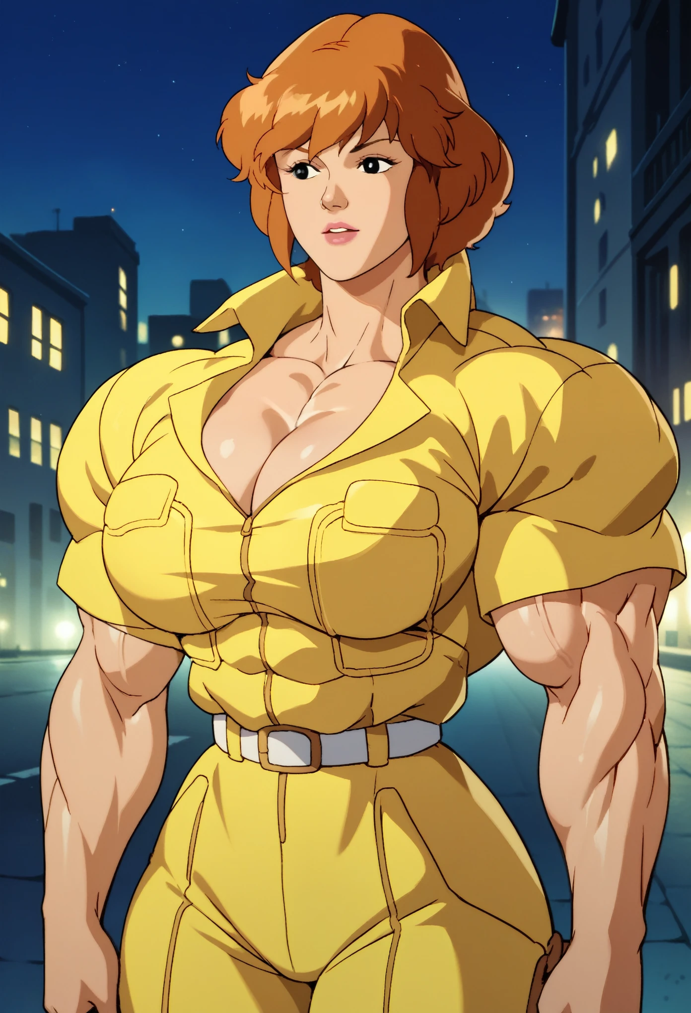 check_9, check_8_up, check_7_up,  
April Neil, yellow jumpsuit, White belt, 1 girl, One, (night), city at night, city background, upper body, retro buildings_artstyle, cartoon, source_cartoon, 1990-е годы_(style), muscle girl, muscle body, huge muscles, massive muscles, huge biceps, massive biceps, oversized biceps, gigantic biceps, hyper biceps, abs,  thigh muscles