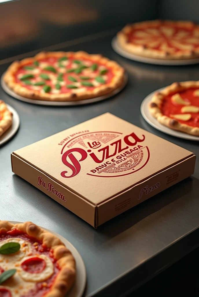 create a realistic and detailed pizza box on the counter with the label written on it "LaPizza" with plates of pizzas around