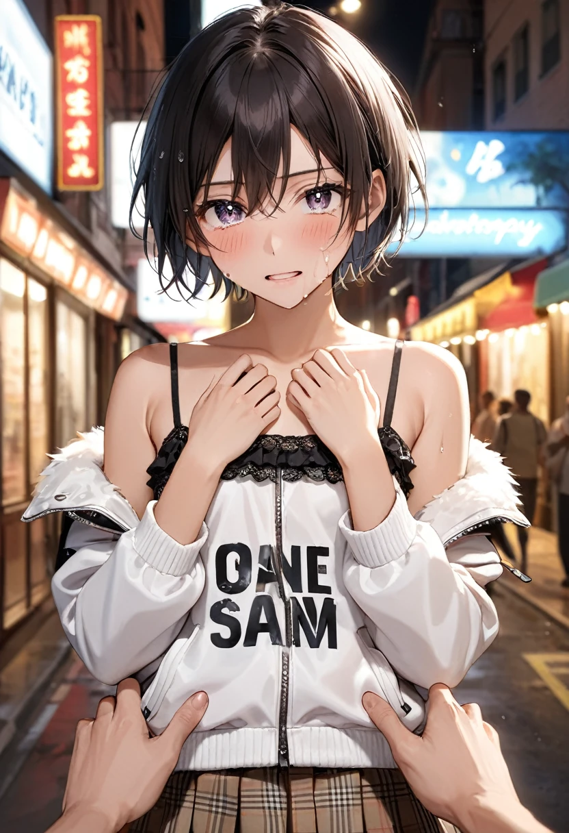 (8k, RAW Photos, Highest quality, masterpiece: 1.2), masterpiece, Super Detail,Best lighting, (Realistic and photorealistic photography: 1.4), High-resolution RAW color photos, Background Blur, blush, Depth of written boundary,1 young cute boy, Hair between the eyes,short hair,Black Hair,Highly detailed mouth,short,young,flat chest,(Oily skin:1.5,Glowing Skin),glitter skin,whole body, (standing),Shame,((embarrassed:1.3)),(afraid,crying:1.41),(constricted pupils:1.5),at Night City alley,whole body,(high neck fur jacket, closed jacket, White black frill camisole, brown burberry check mini skirt), (tears drop:1.3),(pov hands,pov hands grabbing  his neck:1.3)