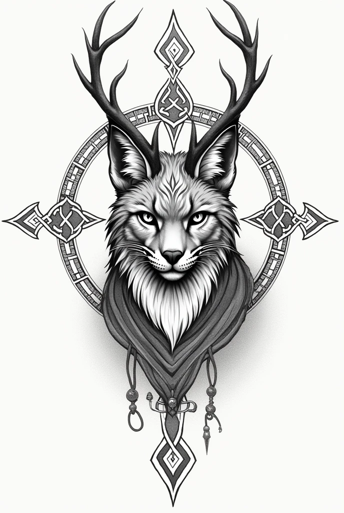 Could you create a sketch of a forearm tattoo of a lynx with small deer antlers??, also with Nordic symbols