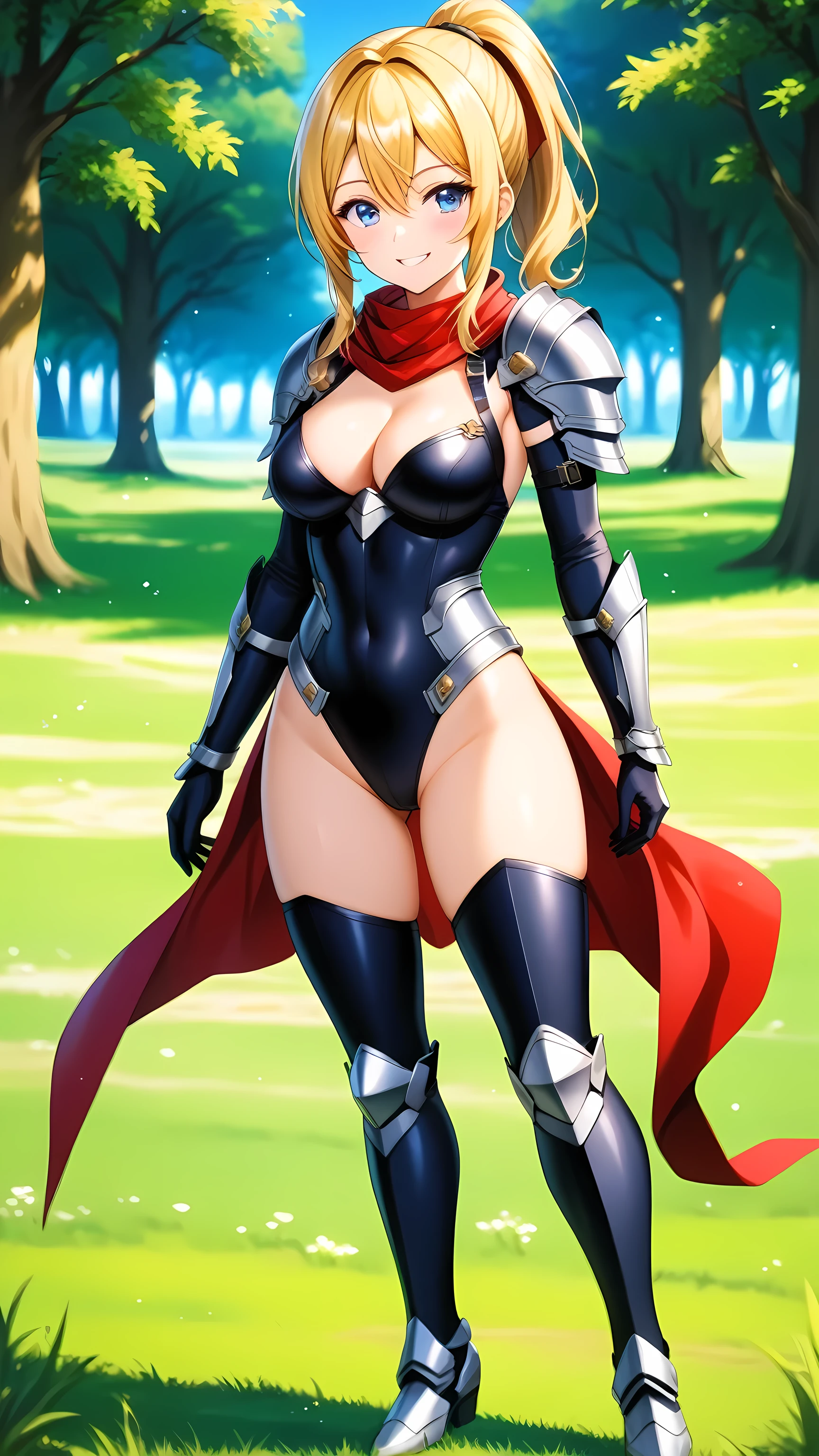 Masterpiece, Best Quality, 1girl, perfect body, medium breasts, ponytail, blonde hair, blue eyes, cleavage, black leotard, highleg leotard, groin, waist cape, full gloves, pauldrons, shoulder armors, silver gauntlet, knee boots, silver armored boots, red scarf, smile, standing, meadow, day, full body, looking at viewer