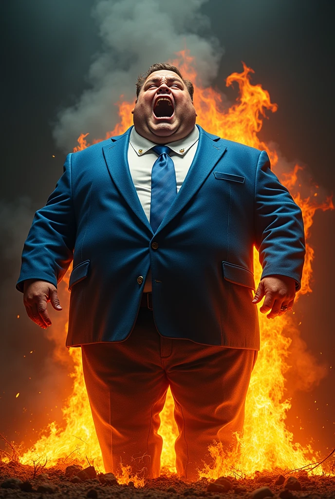 Fat guy on fire in blue suit