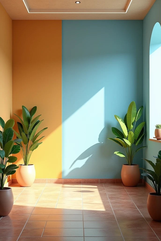 Can you make me a picture of a room with sand-colored walls and sky blue walls on the other side, and a chocolate-colored tile floor?