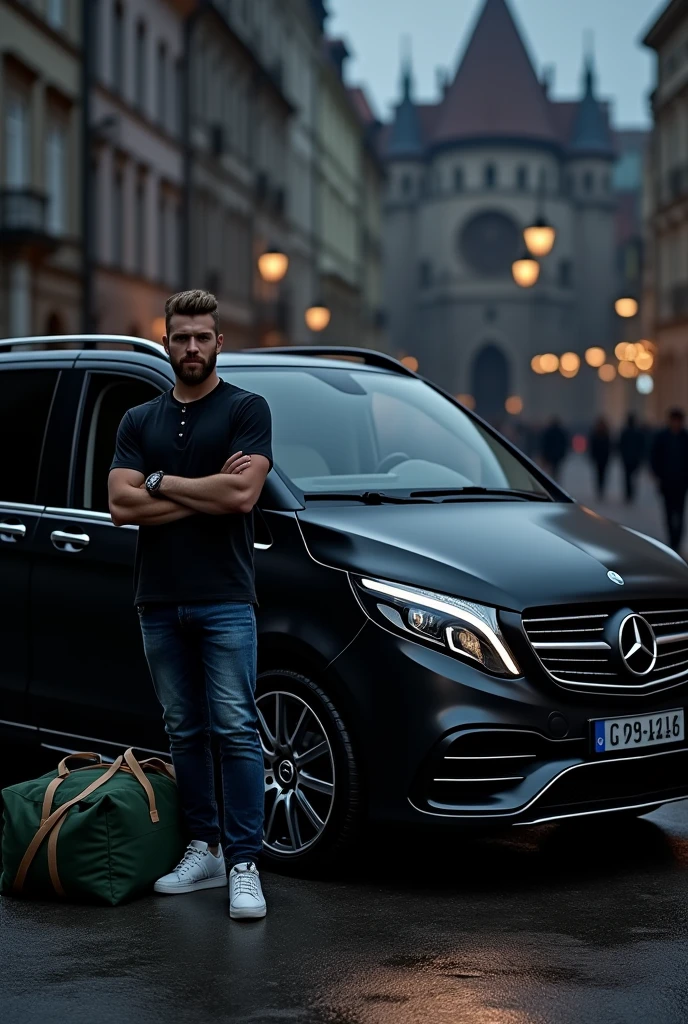 Create an image of a Mercedes Benz V-Class with tinted windows, Regensburg can be seen in the background. it is dark. It is a V-Class!

Next to the Mercedes V-Class stands a young man with a beard and crossed arms. The man is wearing jeans and white sneakers. A large green duffel bag lies next to the man. The man is wearing a Rolex watch. The man has dark blonde hair. He wears a watch on his wrist. 