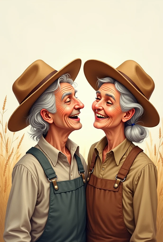 hand drawing, elderly country couple, man and woman of the same age, white  hair, straw hat, looking happy 