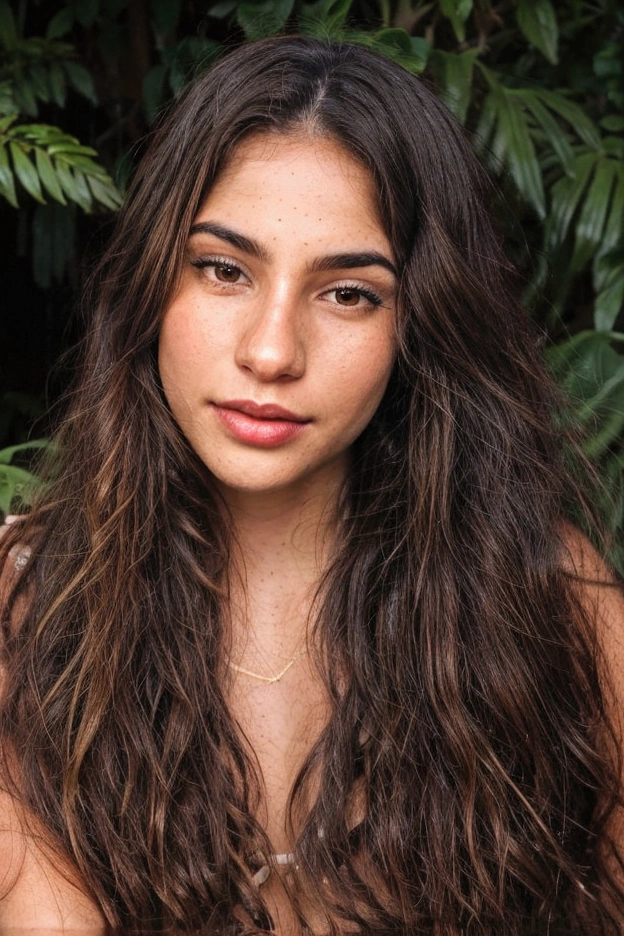 brown skin face of brazilian woman beground beach with waterfall realistic