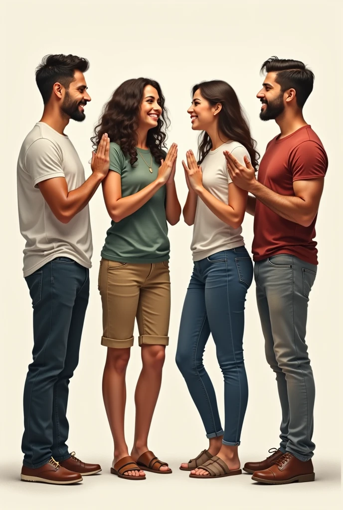 4 people, two men and two women, ONE NEXT TO THE OTHER MAKING THE SIGN IN LIBRAS (BRAZILIAN SIGN LANGUAGE) FROM ´´OI``.
realistic strokes