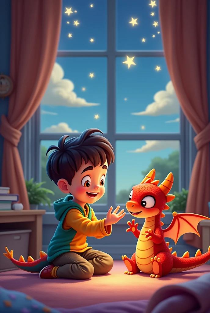 Prompt: "A young boy around 5-7 years old with a joyful expression, wearing colorful clothes, interacting with his magical imaginary friend. The friend is a small, friendly dragon with bright, colorful scales. The setting is a cozy, colorful child’s bedroom with toys, books, and a view of a starry night sky outside the window. The scene should be filled with elements of magic and imagination, like glowing stars and whimsical clouds."