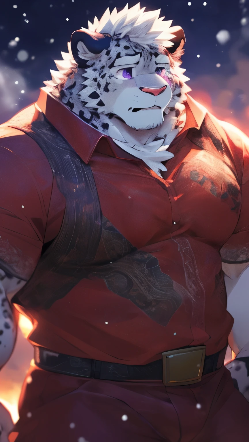 human nature, wild animals, male, 28 years old，youth，solitary, ((Round Face, The face is plump, Purple Eyes, Thick white hair，Scars)), ((Endomorph, Handsome，Hot Blood)), （Mecha suit，no electricity，exhausted), ((domestic snow leopard, Snow leopard orcs) Fluffy fur, Fluffy, grayish purple spots), (snow leopard print), Bokeh, (high quality, high resolution, masterpiece), (Dynamic Lighting, Vibrant colors), (sad，Cry，Many tears，blush) Exquisite eyes，Full body pictures (Vision), cartoon, author：Takemoto Arashi, From Zixiong, author：Chunni, author：Ethereal，（background：Rainforest）