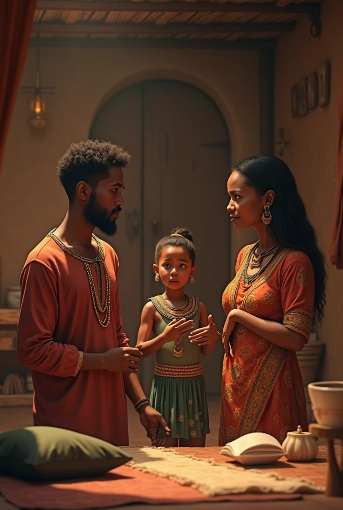generate an image father and mother discussing in hut with there grown up daughter name Ada ada is wearing gale and bead
