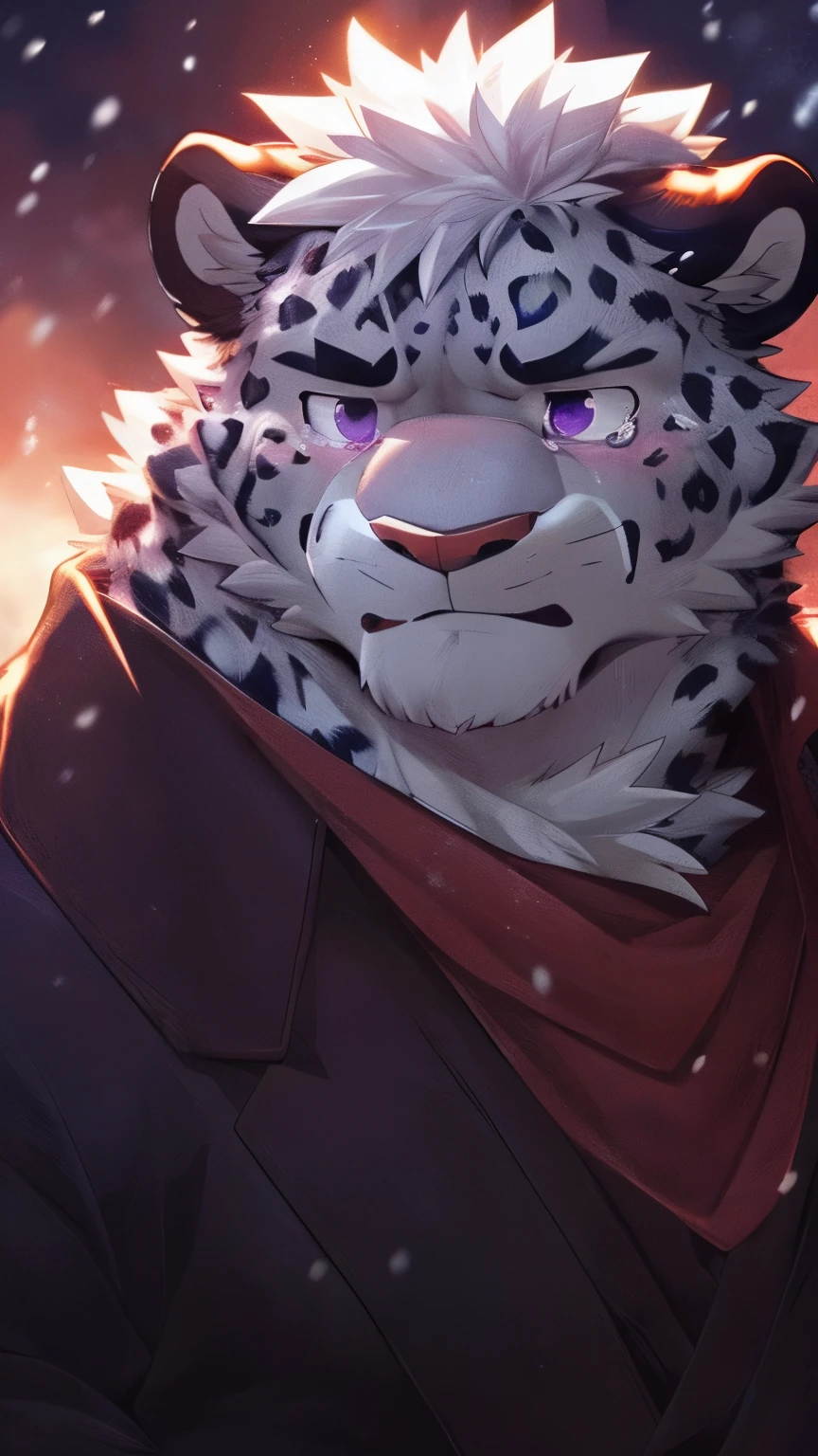 human nature, wild animals, male, 28 years old,youth,solitary, ((Round Face, The face is plump, Purple Eyes, Thick white hair,Scars)), ((Endomorph, Handsome,Hot Blood)), (Mecha suit,no electricity,exhausted), ((domestic snow leopard, Snow leopard orcs) Fluffy fur, Fluffy, grayish purple spots), (snow leopard print), Bokeh, (high quality, high resolution, masterpiece), (Dynamic Lighting, Vibrant colors), (sad,Cry,Many tears,blush) Exquisite eyes,Full body pictures (Vision), cartoon, author:Takemoto Arashi, From Zixiong, author:Chunni, author:Ethereal,(background:Rainforest)
